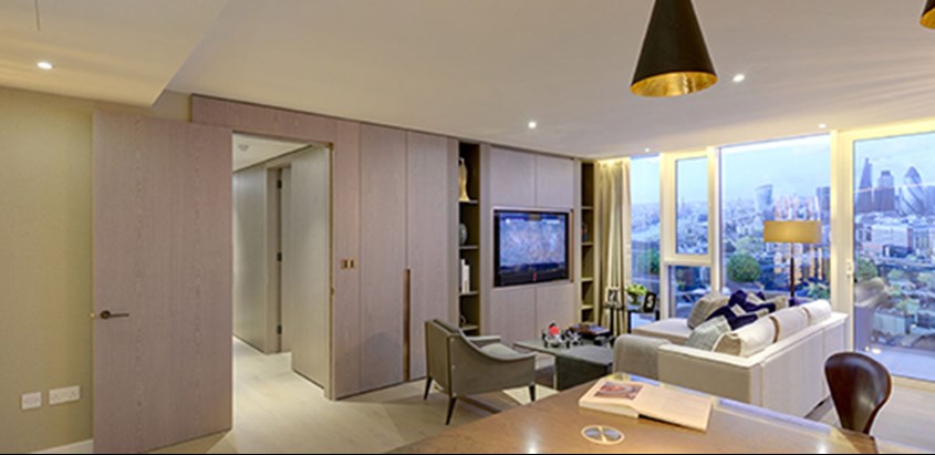 Flat interior shot, london Dock, Sky line of London's tall buildings, Gherkin